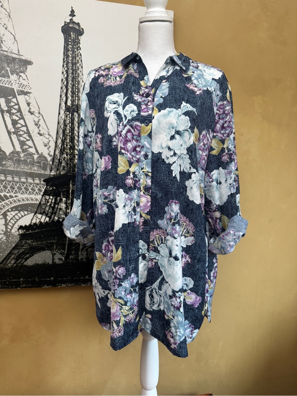 Chico's Navy Floral Button-Down Shirt
